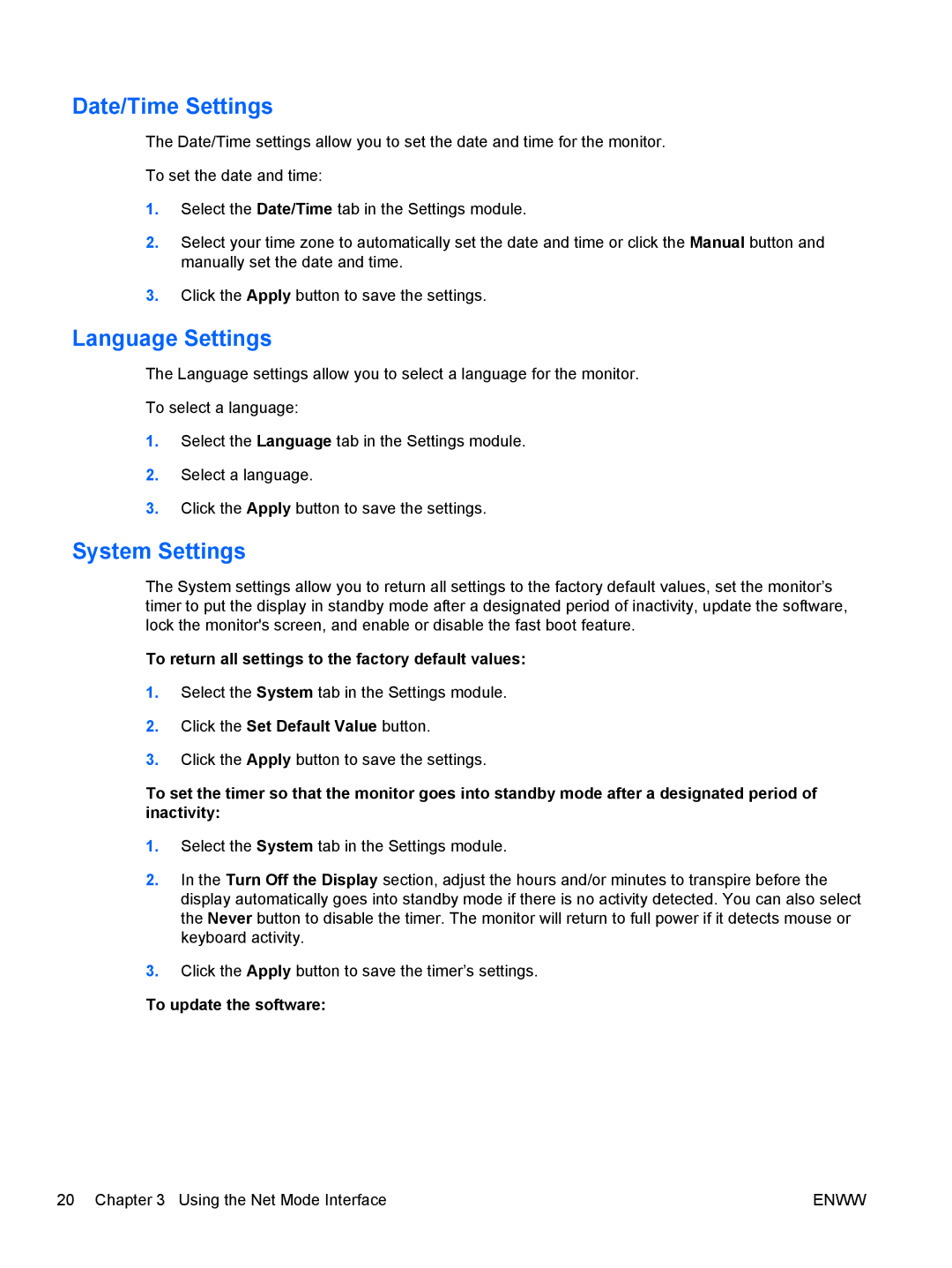 HP 1912NM, 1912NC manual Date/Time Settings, Language Settings, System Settings 