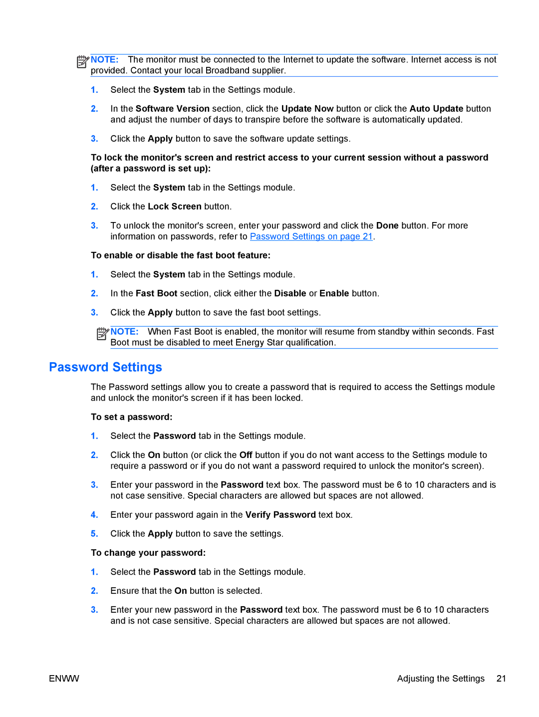 HP 1912NC, 1912NM manual Password Settings, To enable or disable the fast boot feature 