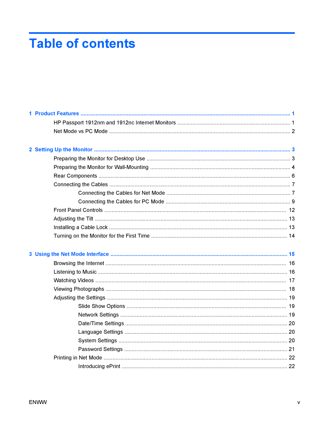 HP 1912NC, 1912NM manual Table of contents 