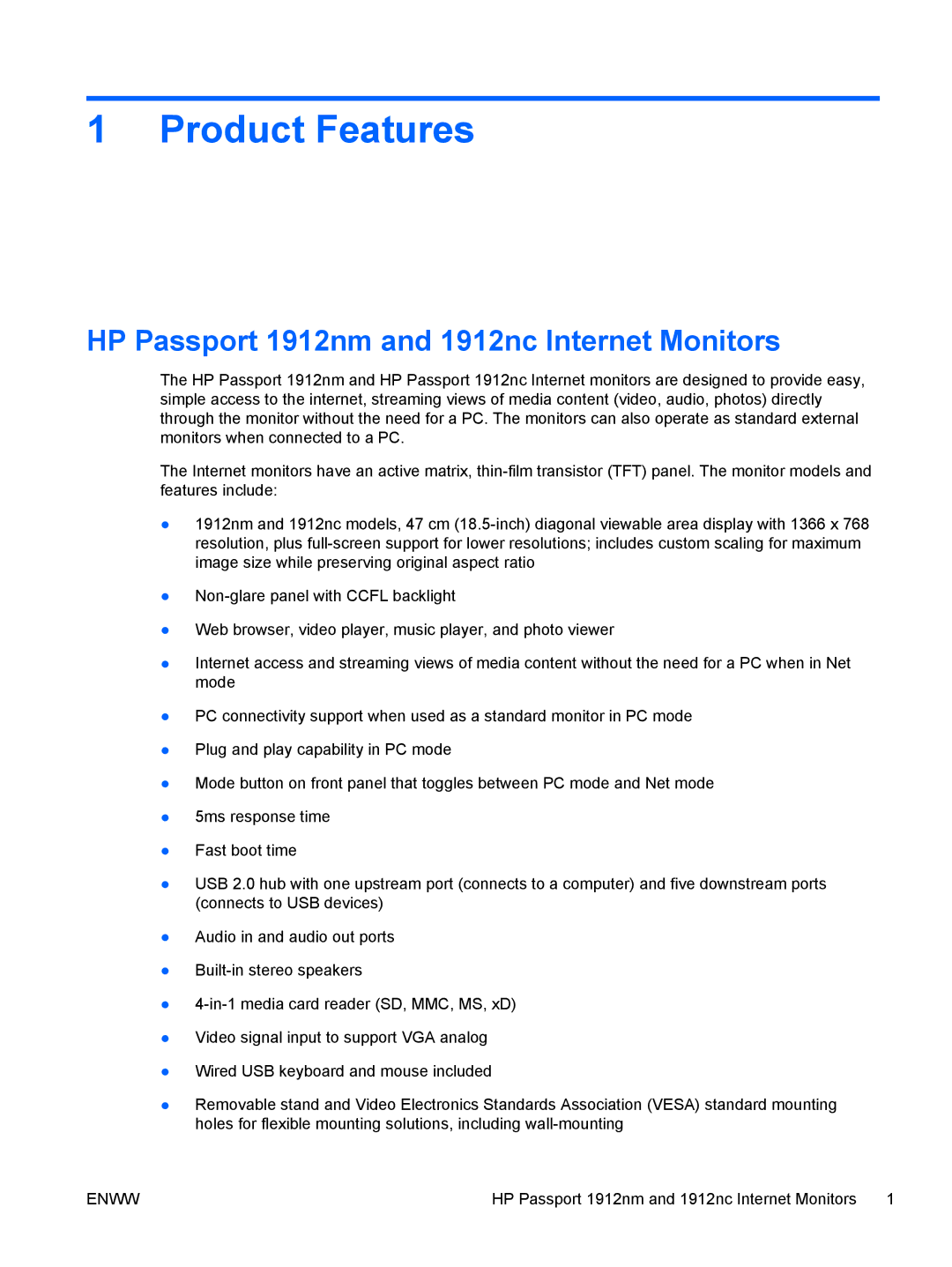 HP 1912NC, 1912NM manual Product Features, HP Passport 1912nm and 1912nc Internet Monitors 