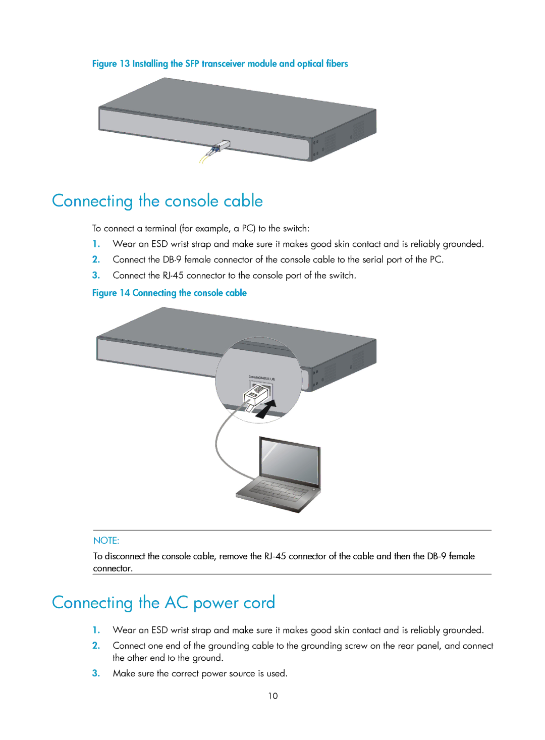 HP 1920-16G, 1920-8G-PoE+ (65W), 1920-48G, 1920-8G-PoE+ (180W) Connecting the console cable, Connecting the AC power cord 