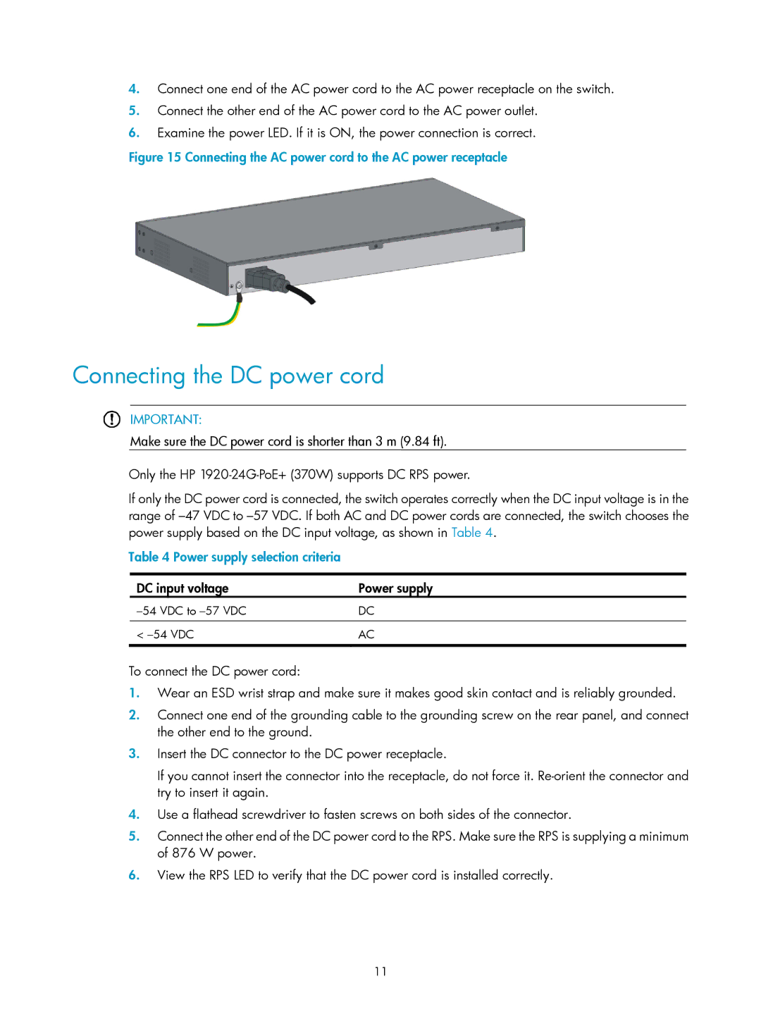 HP 1920-24G-PoE+ (370W) manual Connecting the DC power cord, Power supply selection criteria, DC input voltage Power supply 