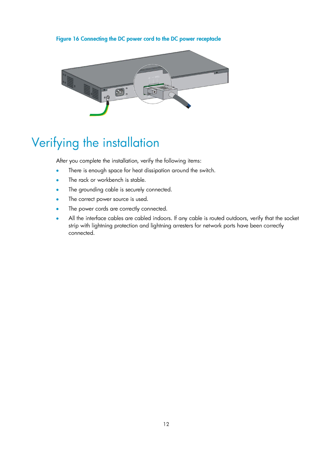 HP 1920-8G-PoE+ (65W), 1920-48G Verifying the installation, Connecting the DC power cord to the DC power receptacle 