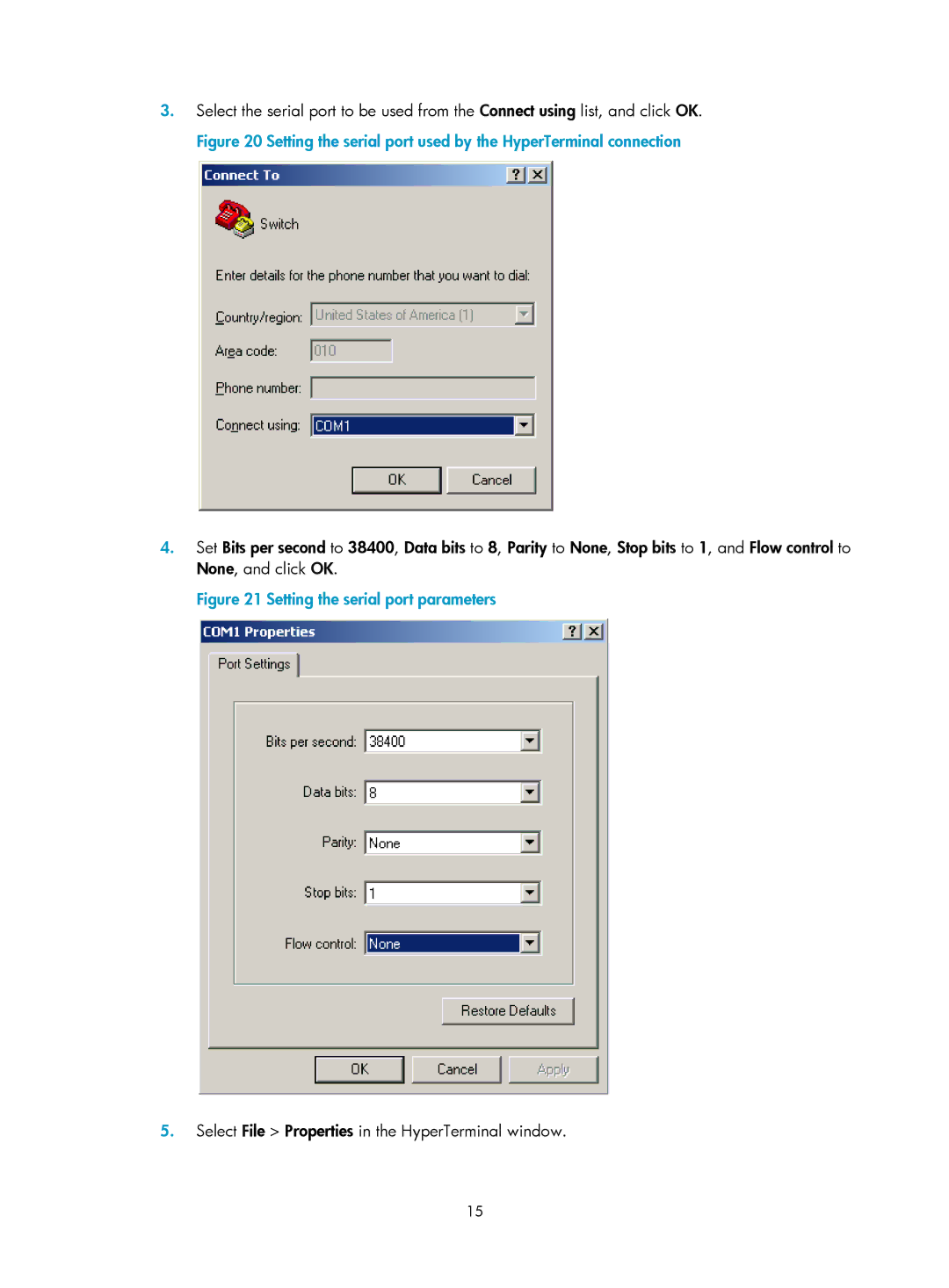 HP 1920-8G-PoE+ (180W), 1920-48G Setting the serial port parameters, Select File Properties in the HyperTerminal window 