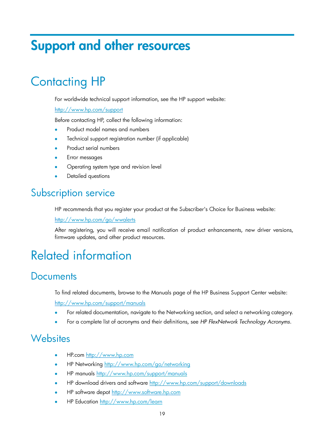 HP 1920-24G-PoE+ (370W), 1920-8G-PoE+ (65W), 1920-48G Support and other resources, Contacting HP, Related information 