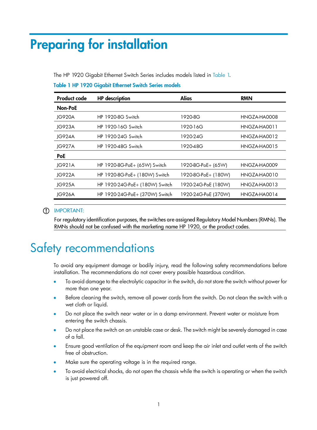 HP 1920-24G-PoE+ (180W) Preparing for installation, Safety recommendations, HP 1920 Gigabit Ethernet Switch Series models 