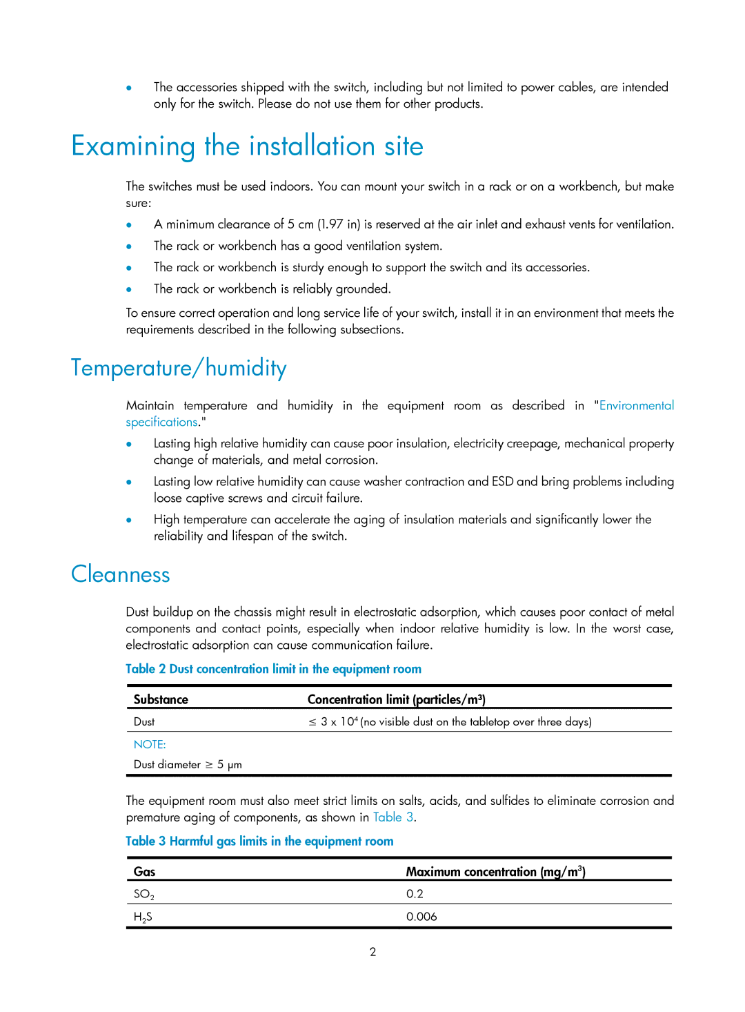 HP 1920-16G Examining the installation site, Temperature/humidity, Cleanness, Harmful gas limits in the equipment room 