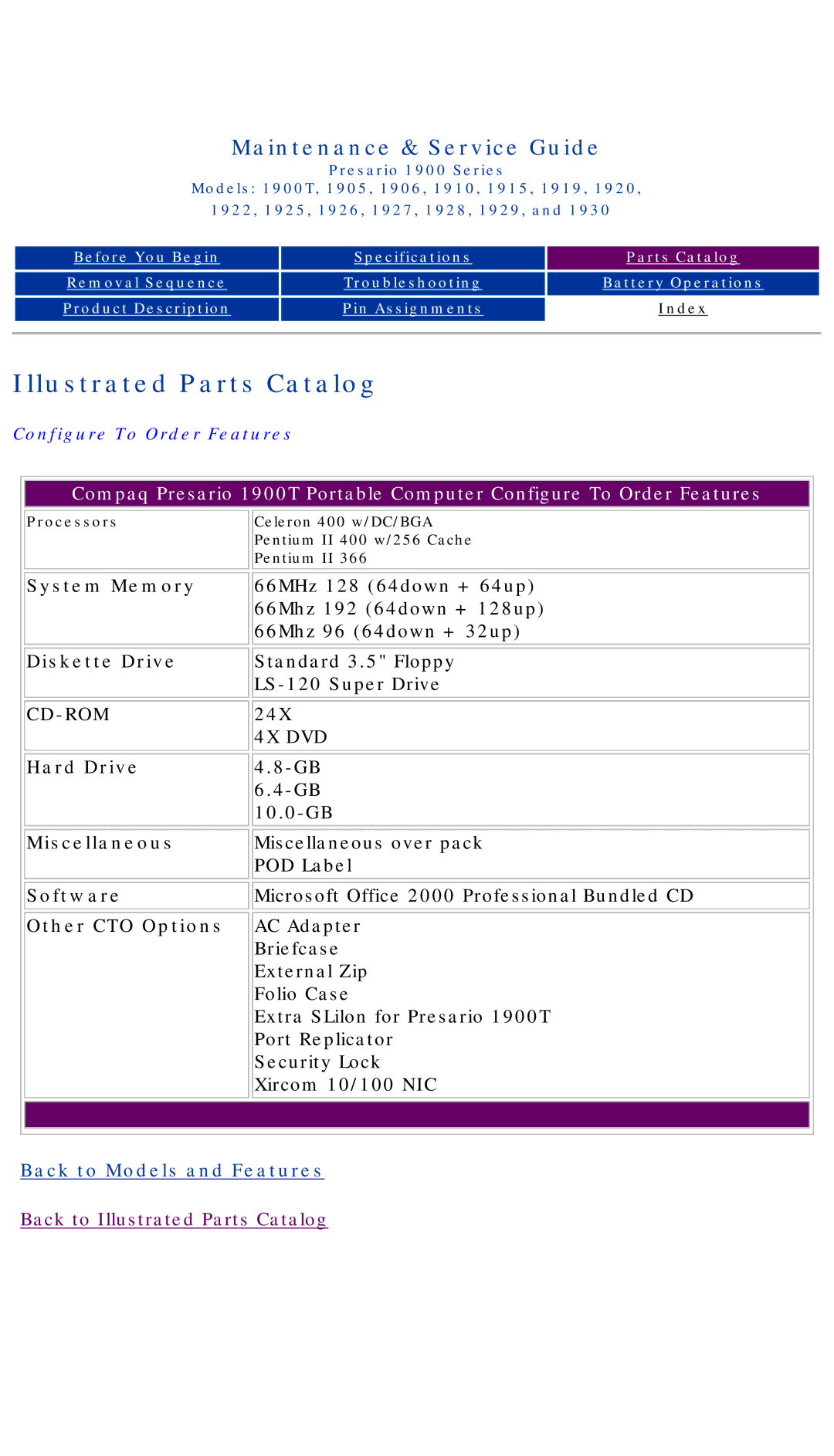 HP 1920, 1930, 1925, 1915 manual System Memory, Diskette Drive, Hard Drive, Miscellaneous, Software, Other CTO Options 