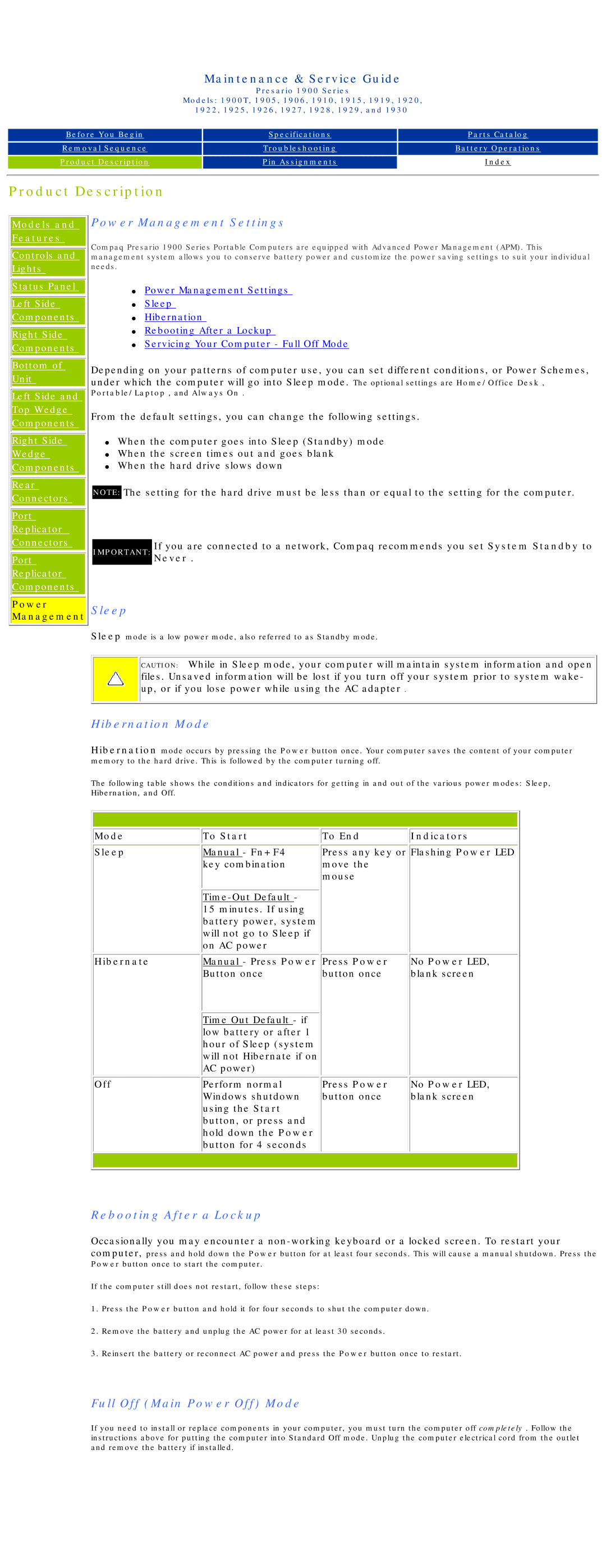 HP 1930, 1925 Power Management Settings, Sleep, Hibernation Mode, Rebooting After a Lockup, Full Off Main Power Off Mode 