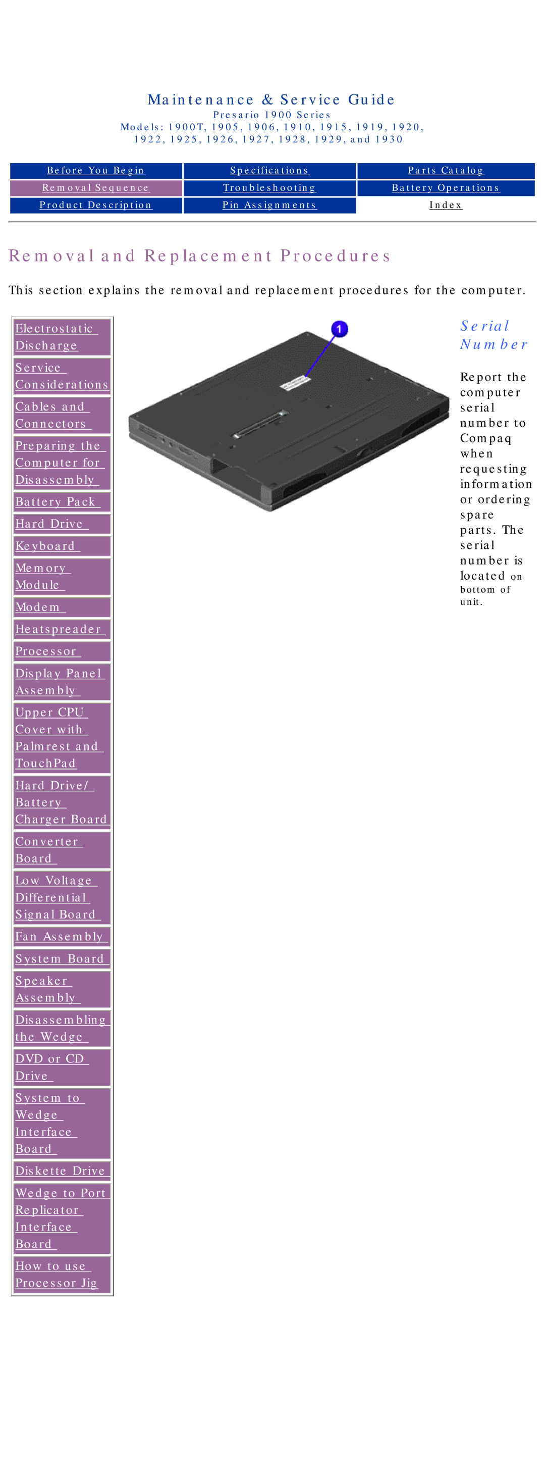 HP 1925, 1930, 1915, 1920 manual Removal and Replacement Procedures, Serial Number 
