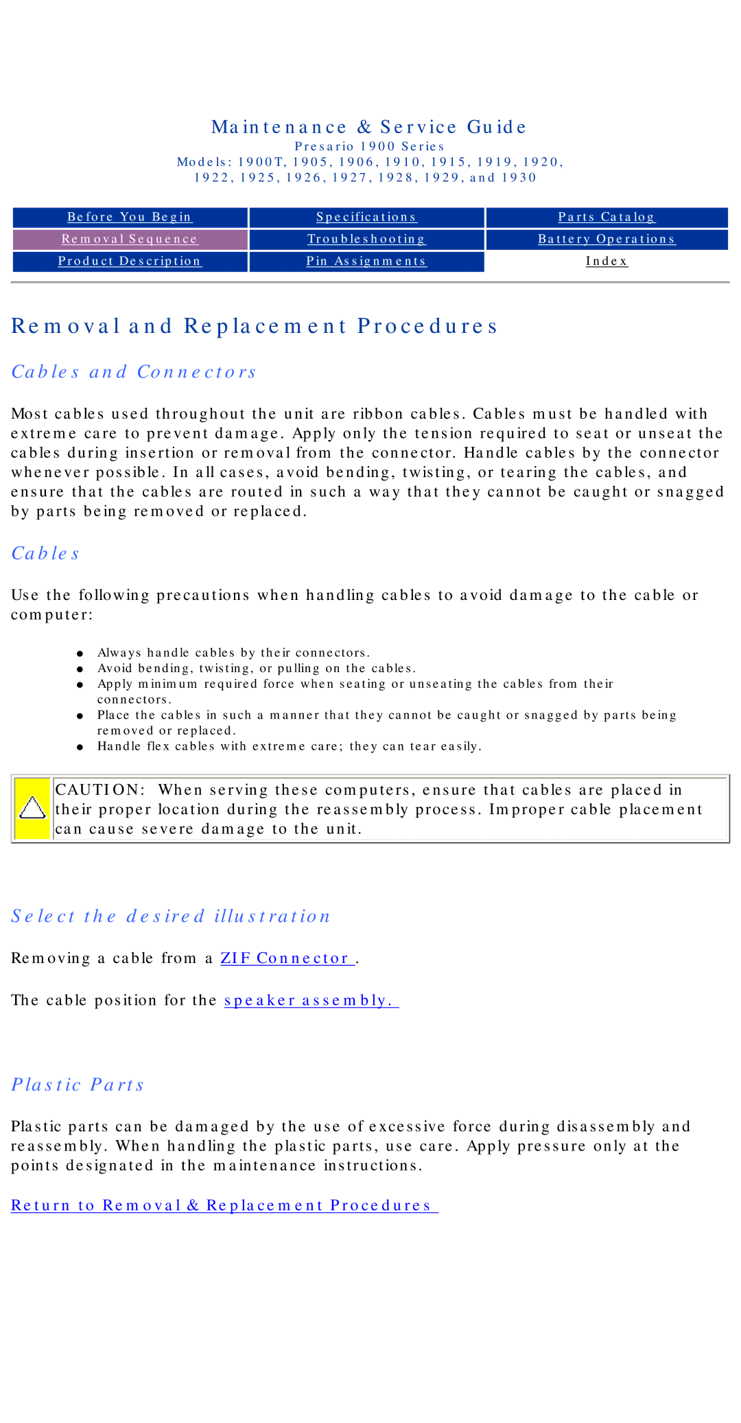 HP 1930, 1925, 1915, 1920 manual Cables and Connectors, Select the desired illustration, Plastic Parts 