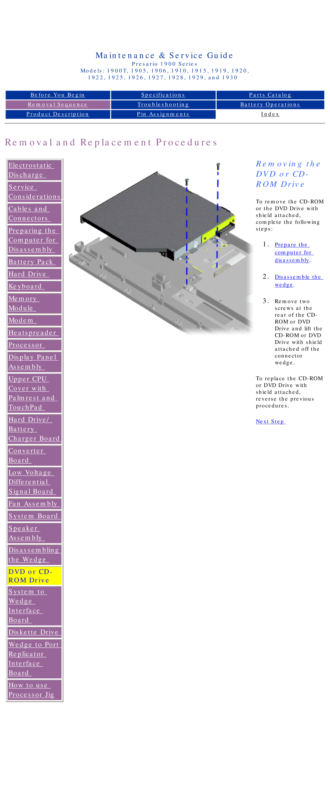 HP 1915, 1930, 1925, 1920 manual Removing the DVD or CD- ROM Drive, DVD or CD ROM Drive 