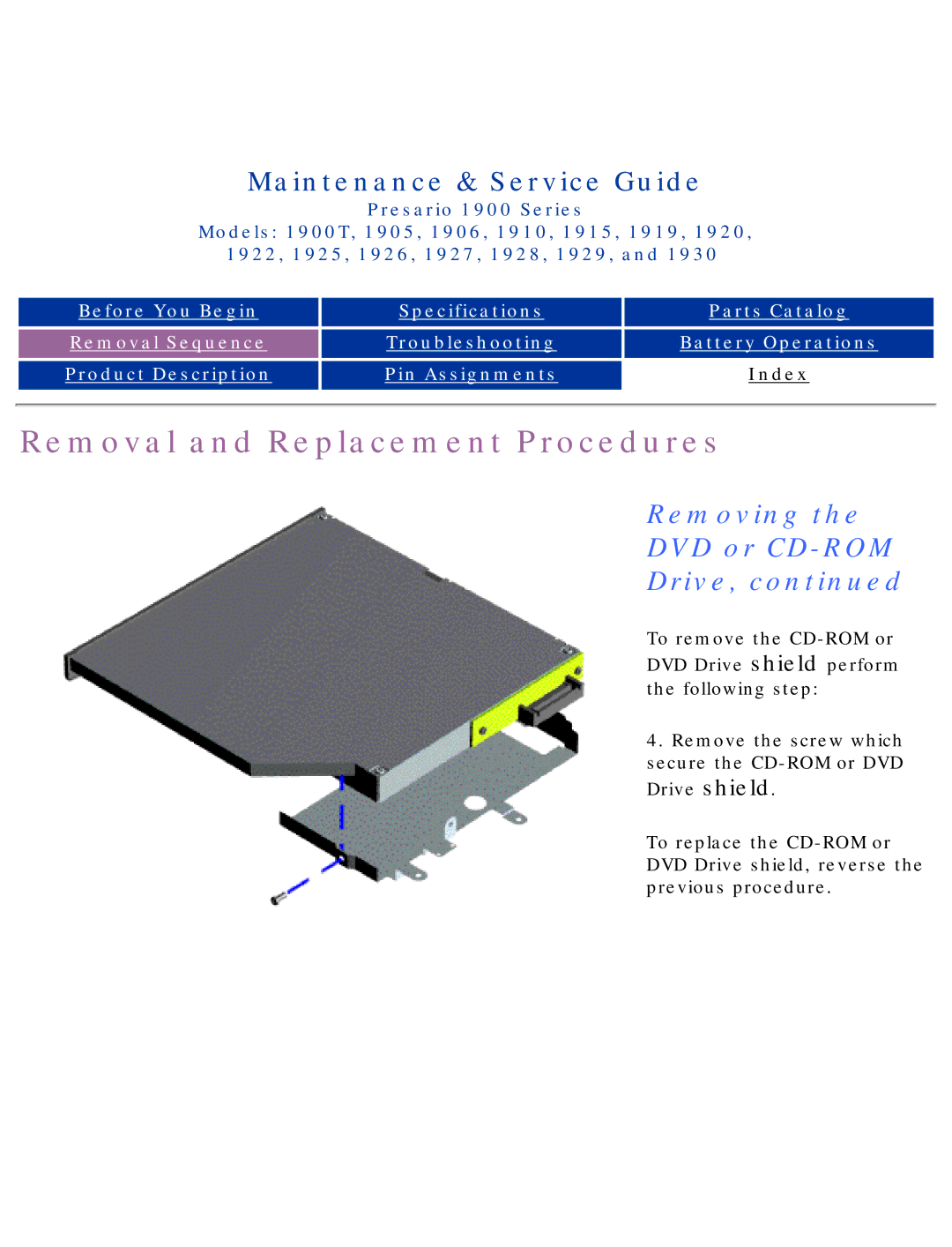 HP 1920, 1930, 1925, 1915 manual Removing DVD or CD-ROM Drive 