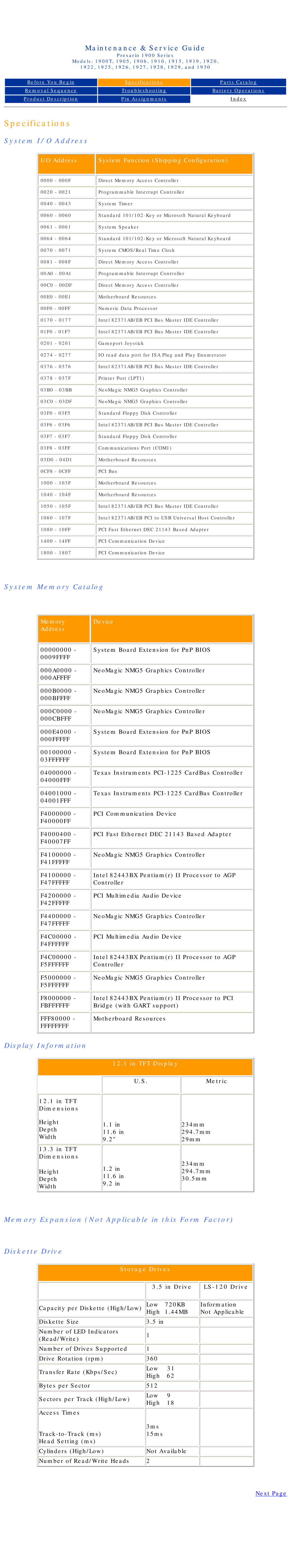 HP 1930, 1925, 1915, 1920 manual System I/O Address, System Memory Catalog, Display Information, TFT Display, Storage Drives 