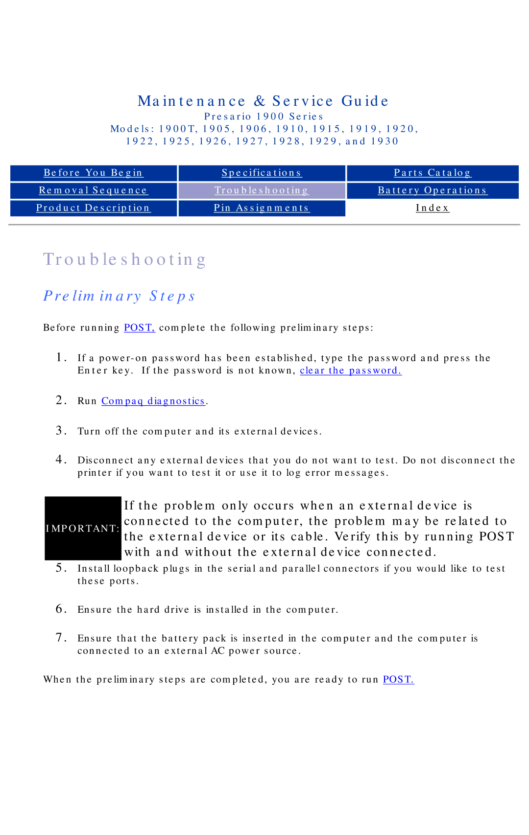 HP 1920, 1930, 1925, 1915 manual Preliminary Steps, Run Compaq diagnostics 