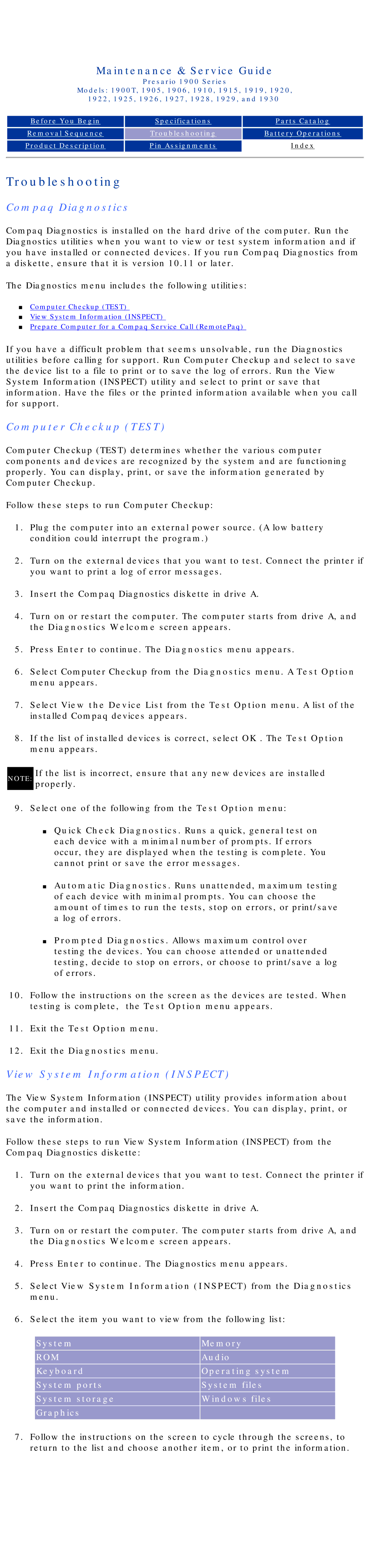 HP 1920, 1930, 1925, 1915 Compaq Diagnostics, Computer Checkup Test, View System Information Inspect, System Memory, Audio 