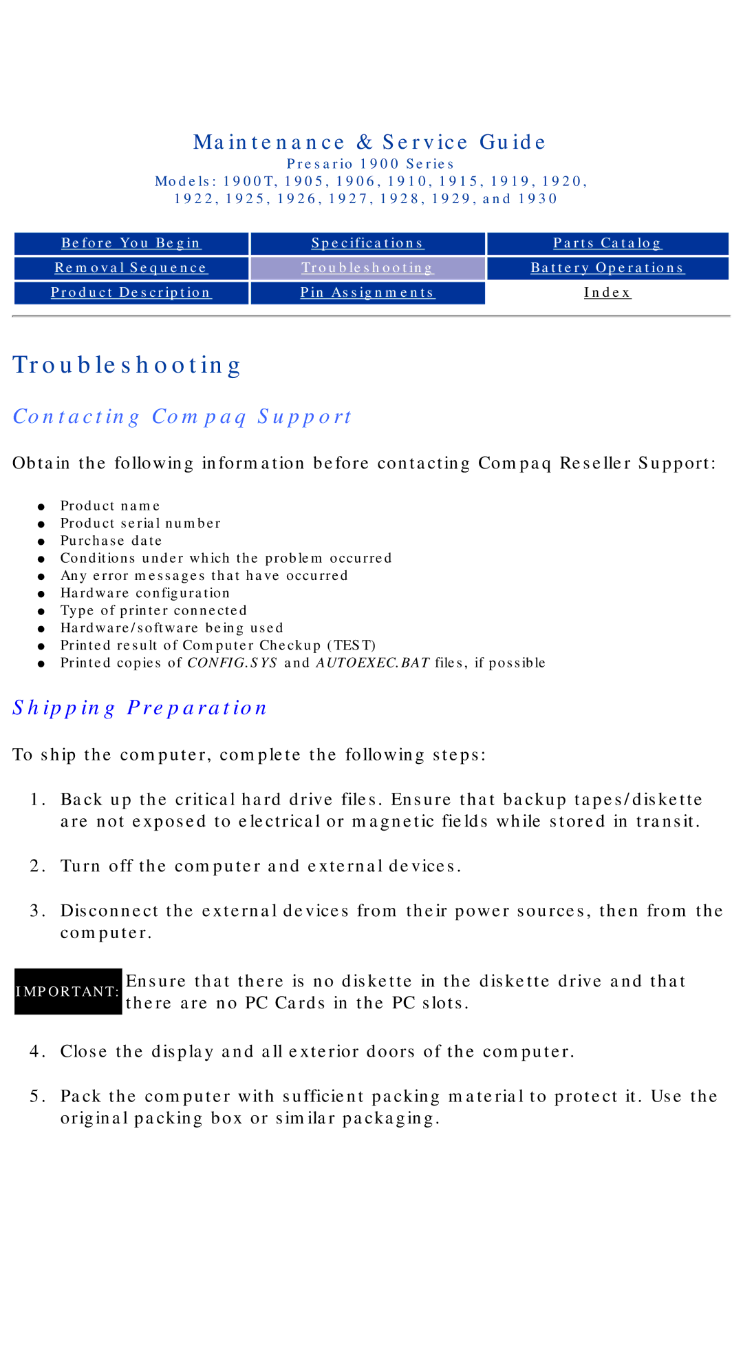 HP 1930, 1925, 1915, 1920 manual Contacting Compaq Support, Shipping Preparation 