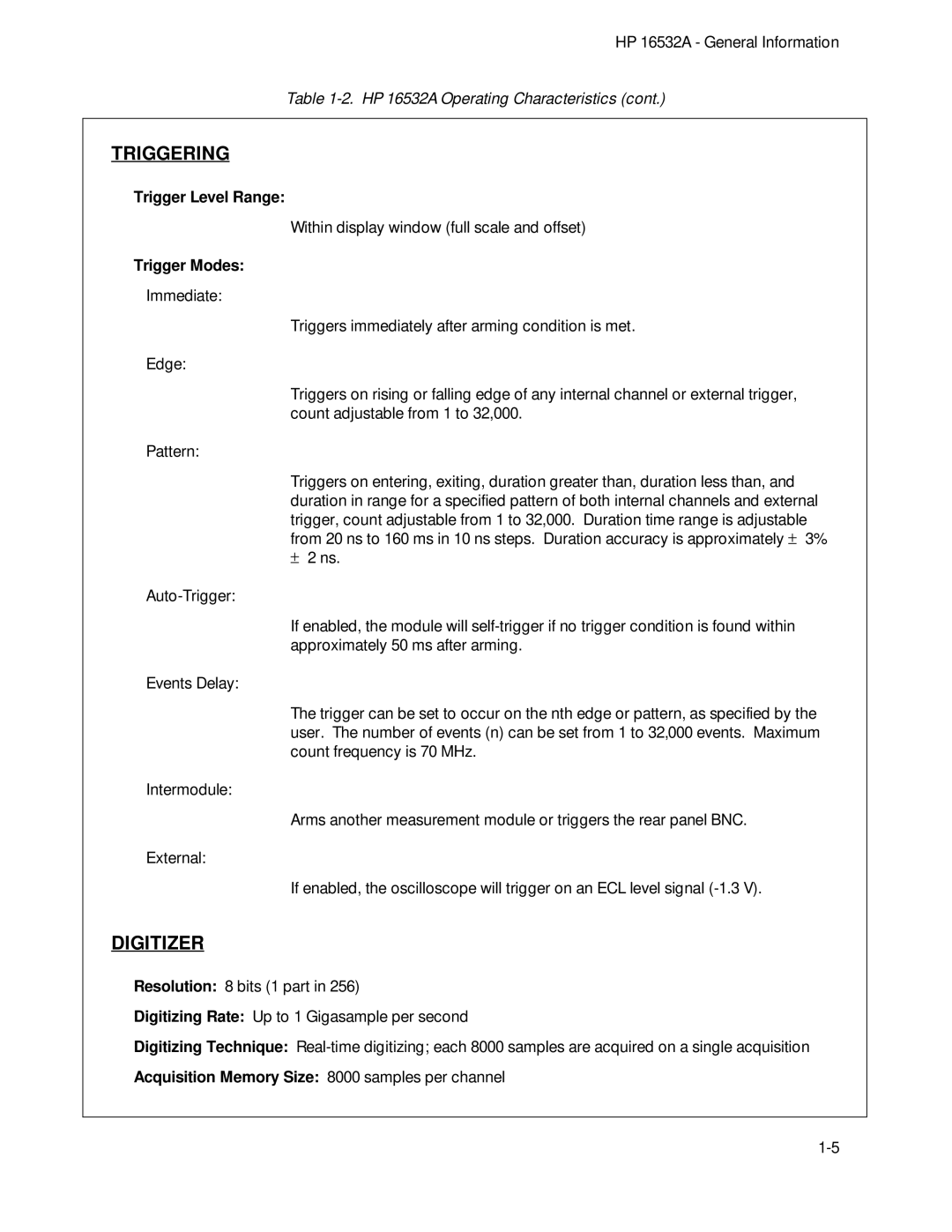 HP 1GSa/s Digitizing Oscilloscope 16532A manual Triggering, Digitizer, Trigger Level Range, Trigger Modes 