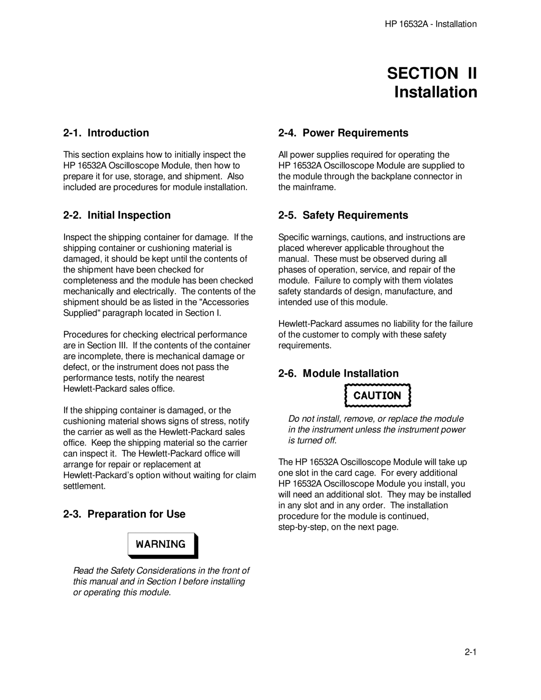 HP 1GSa/s Digitizing Oscilloscope 16532A Power Requirements, Initial Inspection Safety Requirements, Preparation for Use 