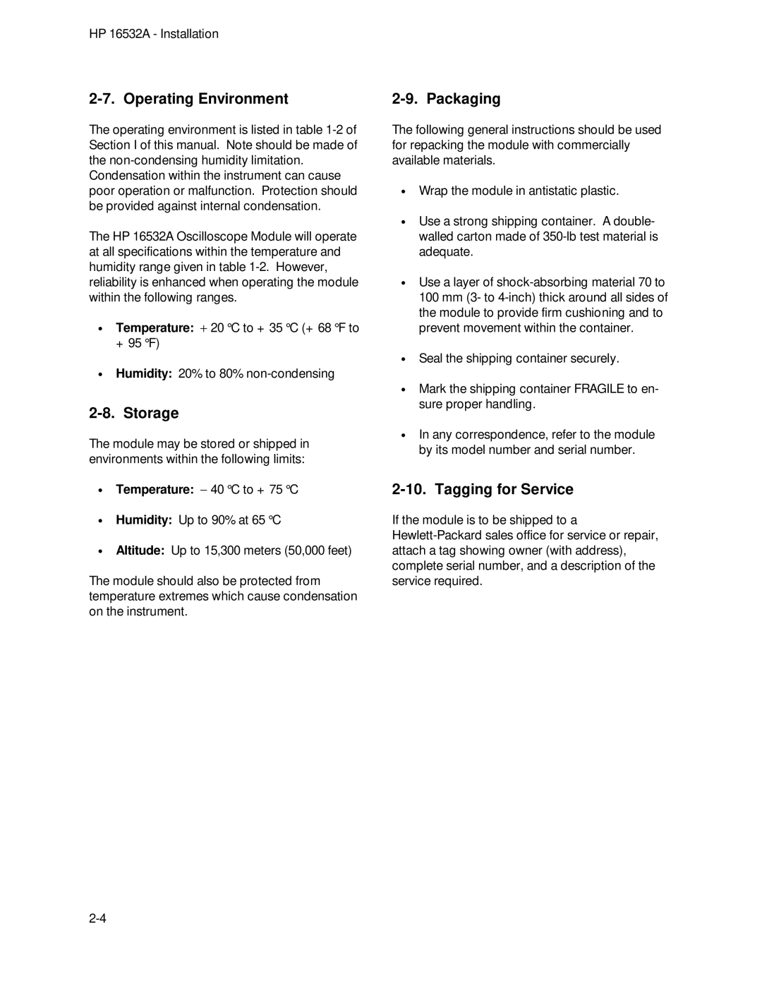 HP 1GSa/s Digitizing Oscilloscope 16532A manual Operating Environment, Storage, Packaging, Tagging for Service 