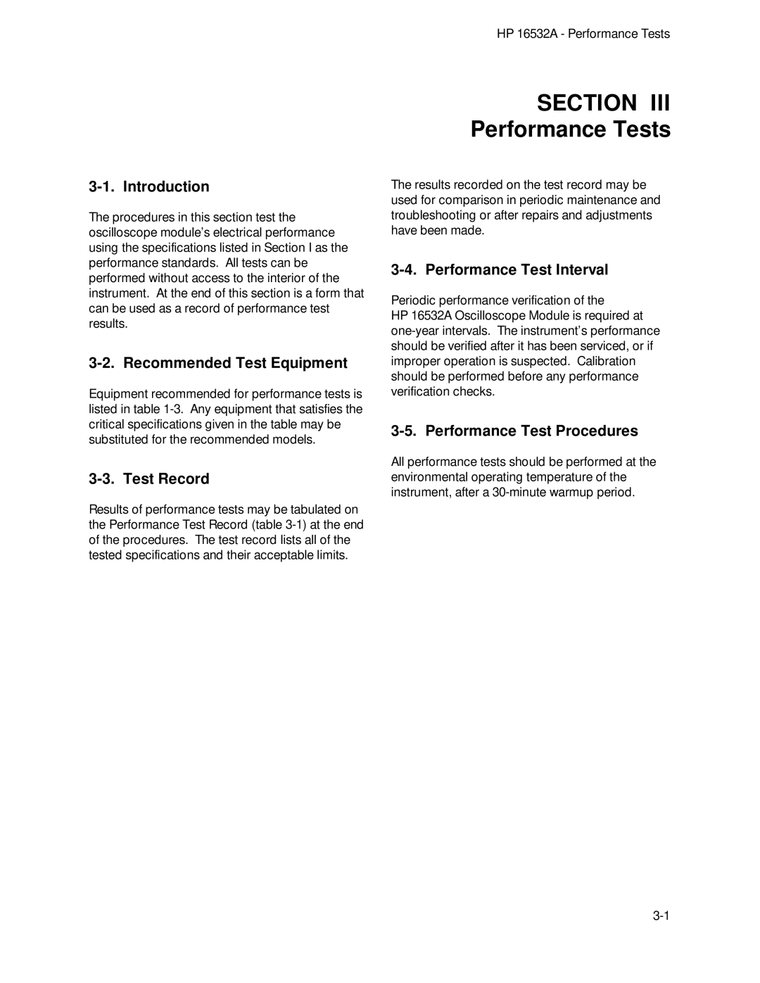 HP 1GSa/s Digitizing Oscilloscope 16532A manual Test Record, Performance Test Interval, Performance Test Procedures 