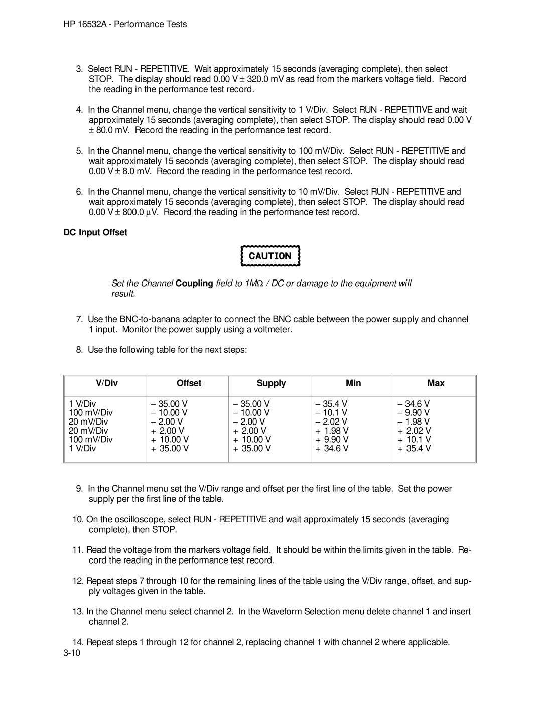 HP 1GSa/s Digitizing Oscilloscope 16532A manual DC Input Offset, Div Offset Supply Min Max 