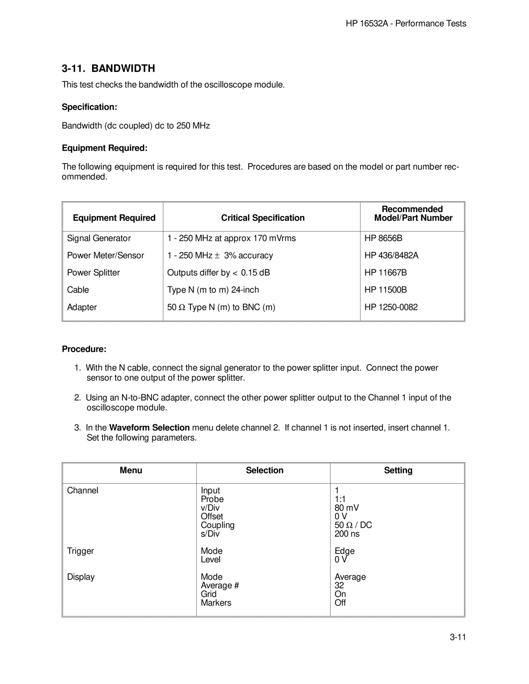 HP 1GSa/s Digitizing Oscilloscope 16532A manual Bandwidth, Procedure 