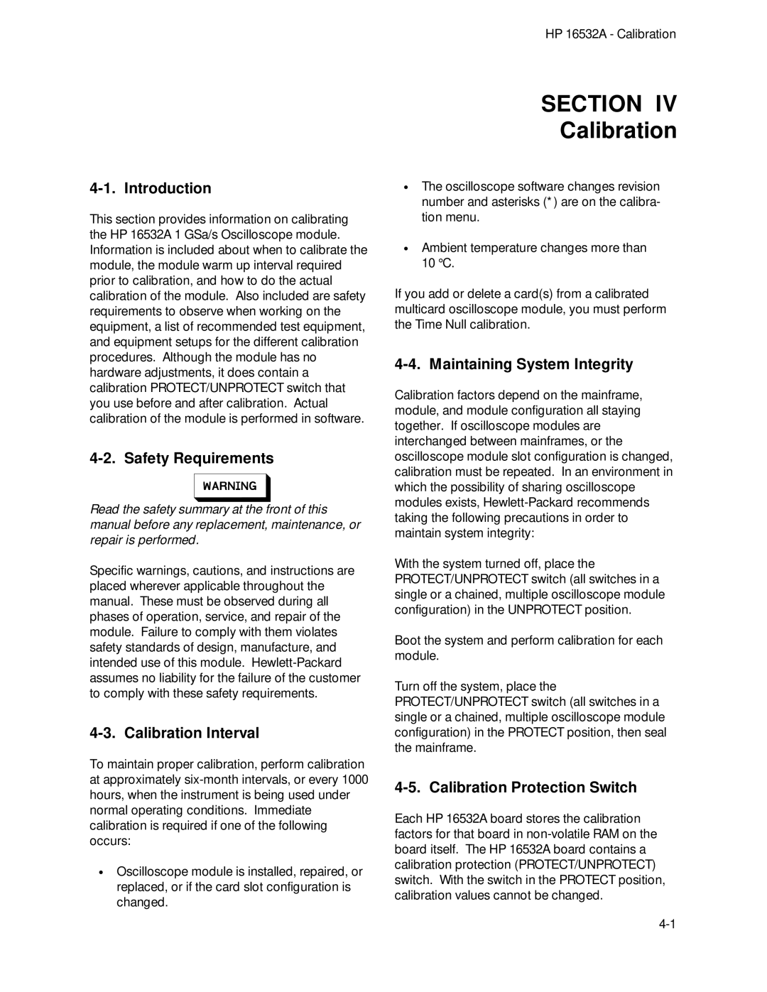 HP 1GSa/s Digitizing Oscilloscope 16532A Calibration Interval, Maintaining System Integrity, Calibration Protection Switch 