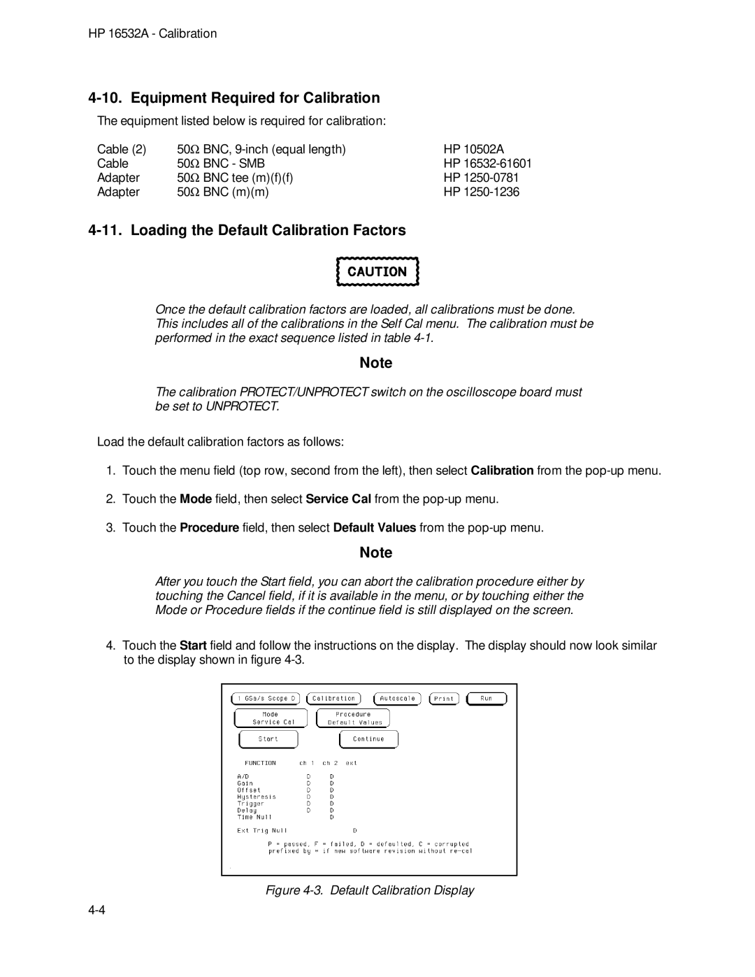 HP 1GSa/s Digitizing Oscilloscope 16532A manual Equipment Required for Calibration, Loading the Default Calibration Factors 