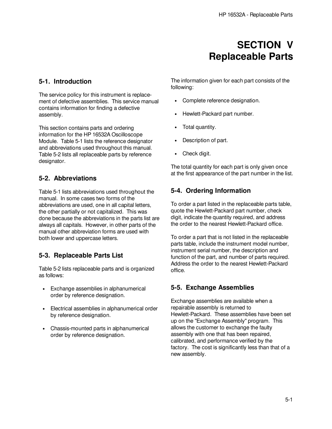 HP 1GSa/s Digitizing Oscilloscope 16532A Abbreviations, Replaceable Parts List, Ordering Information, Exchange Assemblies 