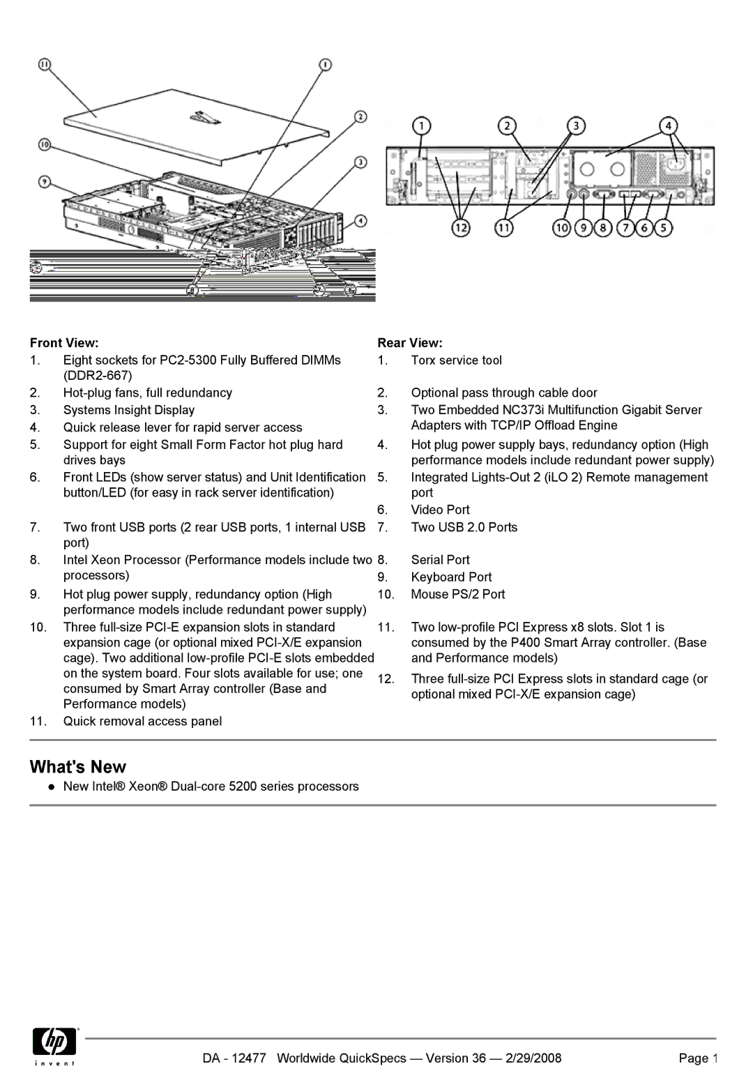 HP Smart Array P400, 2-5300, Smart Array 256MB, Smart Array 64MB manual Front View, Rear View 