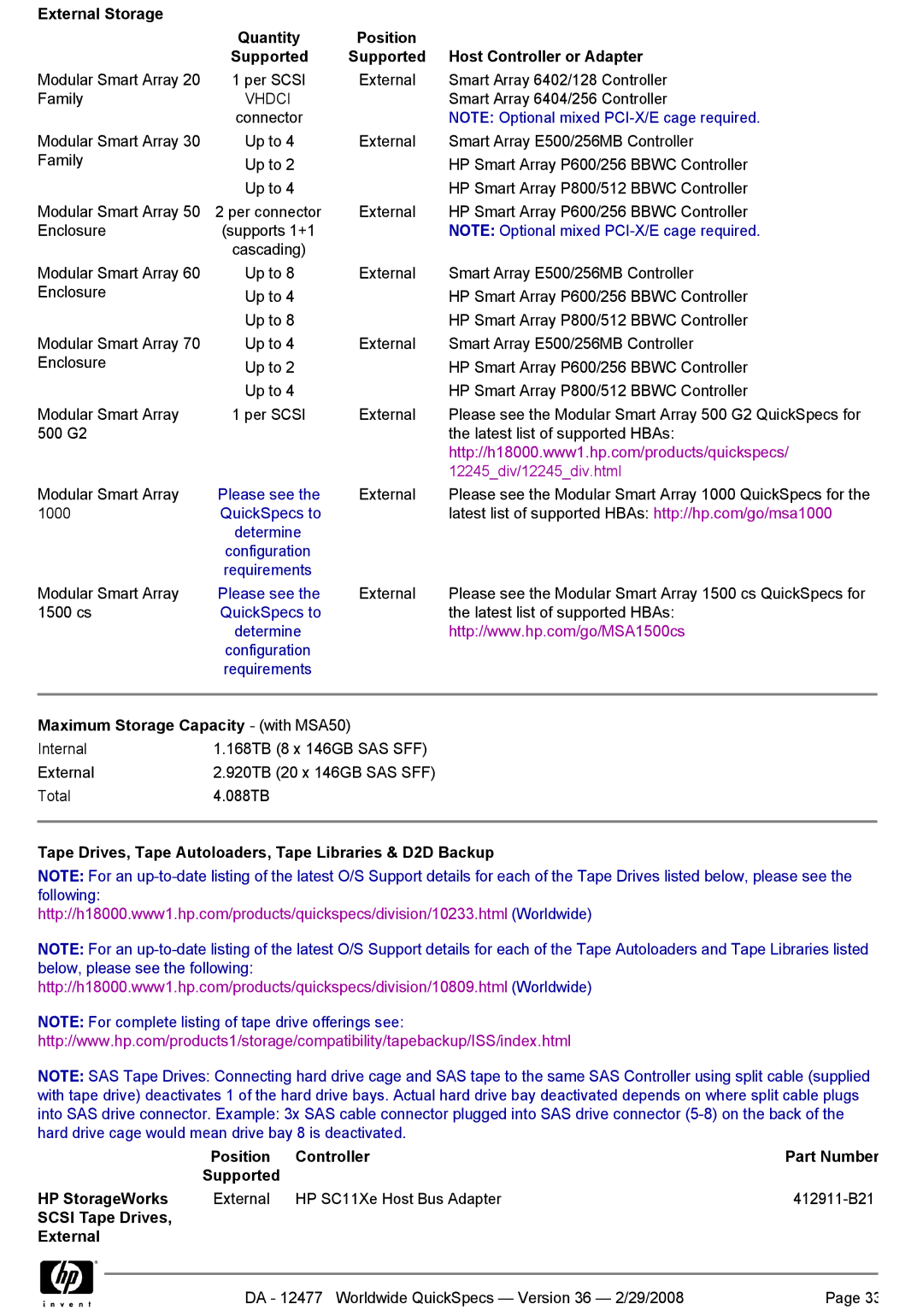 HP Smart Array P400 Please see, QuickSpecs to Determine Configuration Requirements, Maximum Storage Capacity with MSA50 