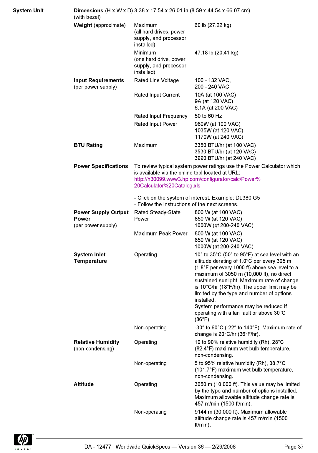 HP Smart Array P400 System Unit, Input Requirements, BTU Rating, Power Specifications, Power Supply Output, System Inlet 