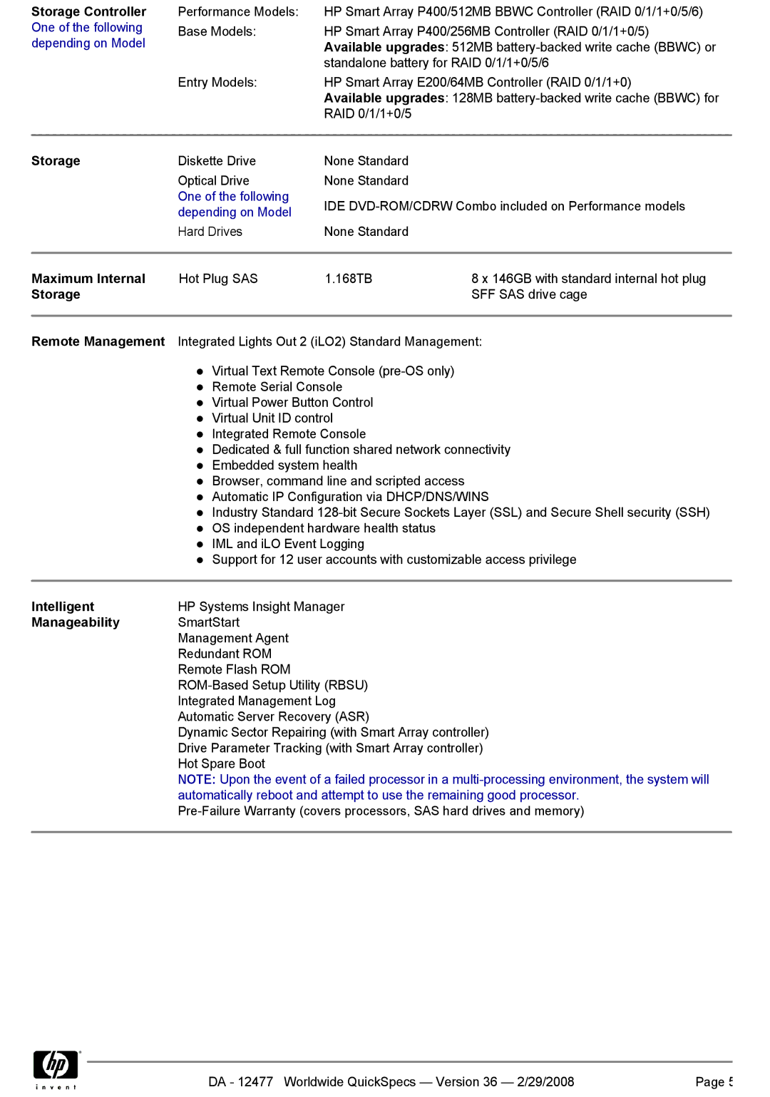 HP Smart Array P400 manual Storage Controller One of the following depending on Model, Maximum Internal, Remote Management 