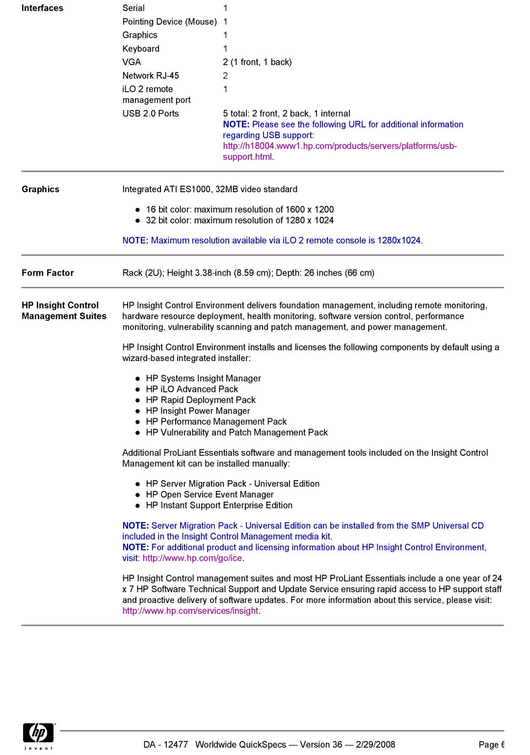 HP Smart Array 256MB, 2-5300 manual Interfaces, Regarding USB support, Graphics, HP Insight Control, Management Suites 