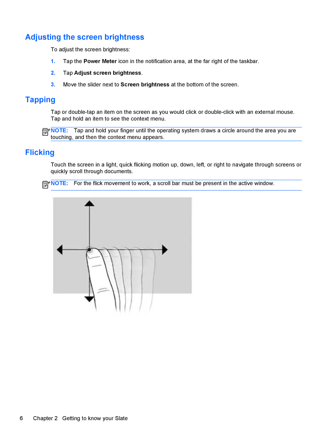 HP 2 Base Model manual Adjusting the screen brightness, Tapping, Flicking 