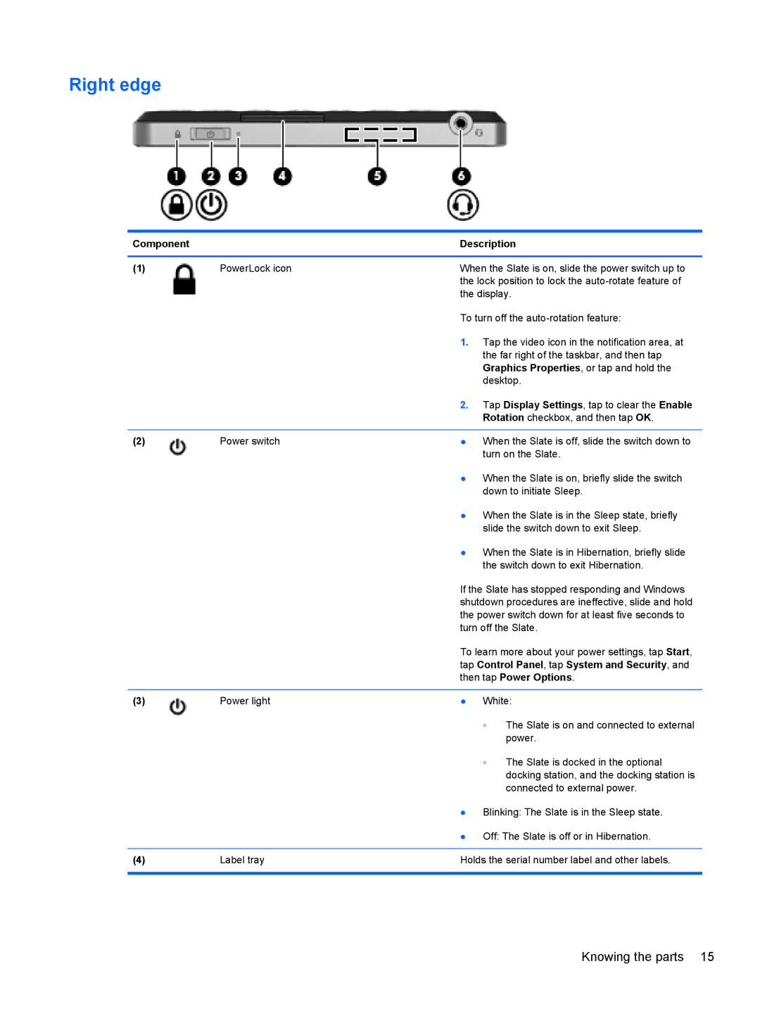 HP 2 Base Model manual Right edge, Tap Control Panel , tap System and Security, Then tap Power Options 