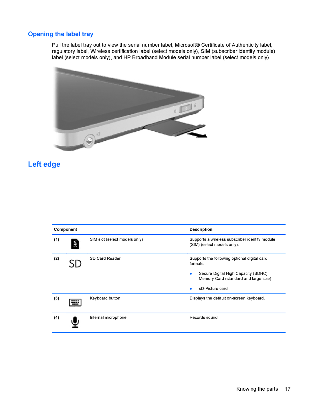 HP 2 Base Model manual Left edge, Opening the label tray 