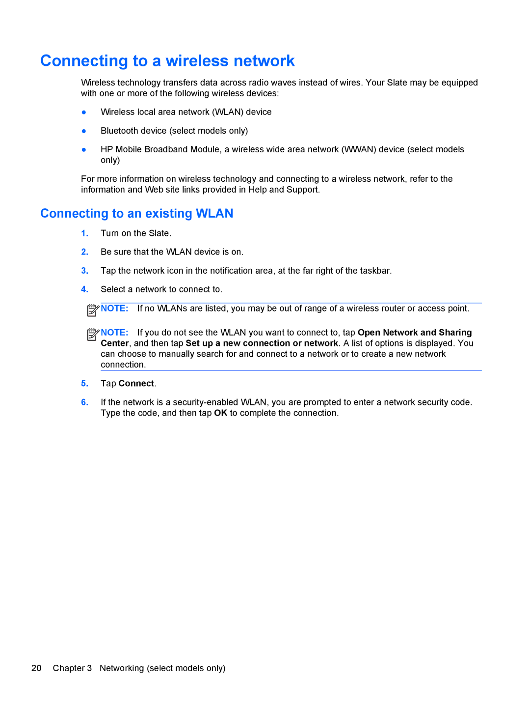 HP 2 Base Model manual Connecting to a wireless network, Connecting to an existing Wlan 