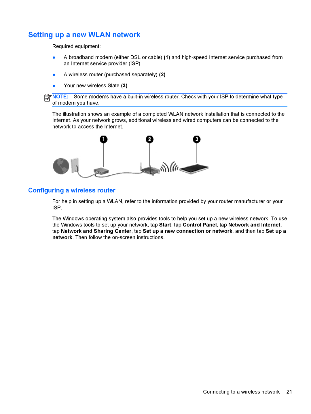 HP 2 Base Model manual Setting up a new Wlan network, Configuring a wireless router 