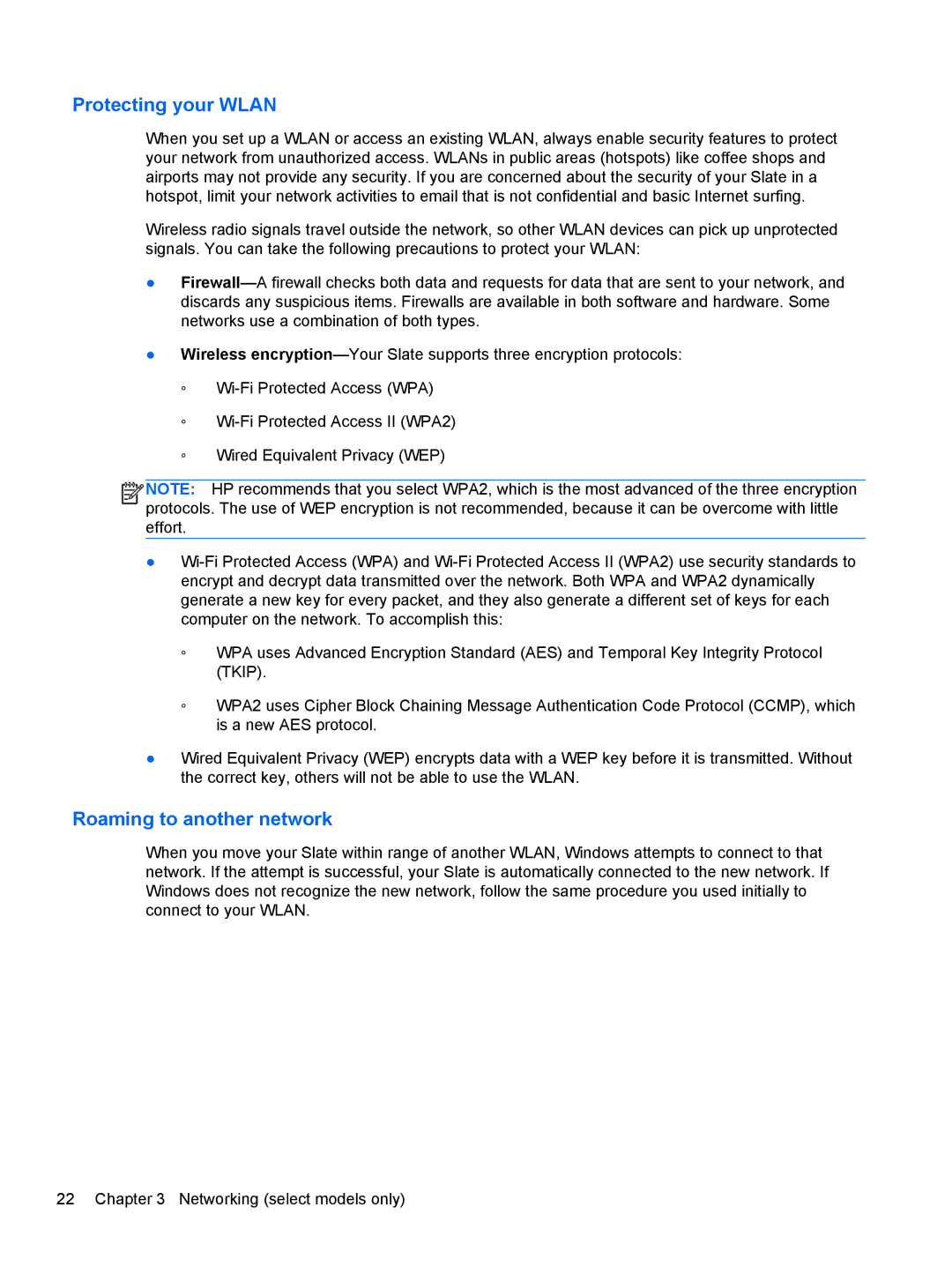 HP 2 Base Model manual Protecting your Wlan, Roaming to another network 