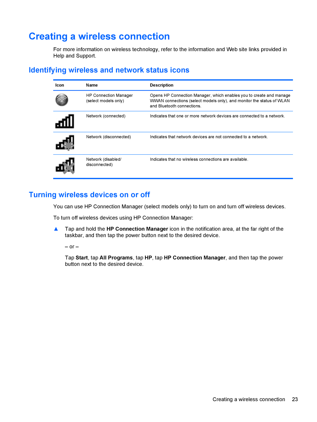 HP 2 Creating a wireless connection, Identifying wireless and network status icons, Turning wireless devices on or off 