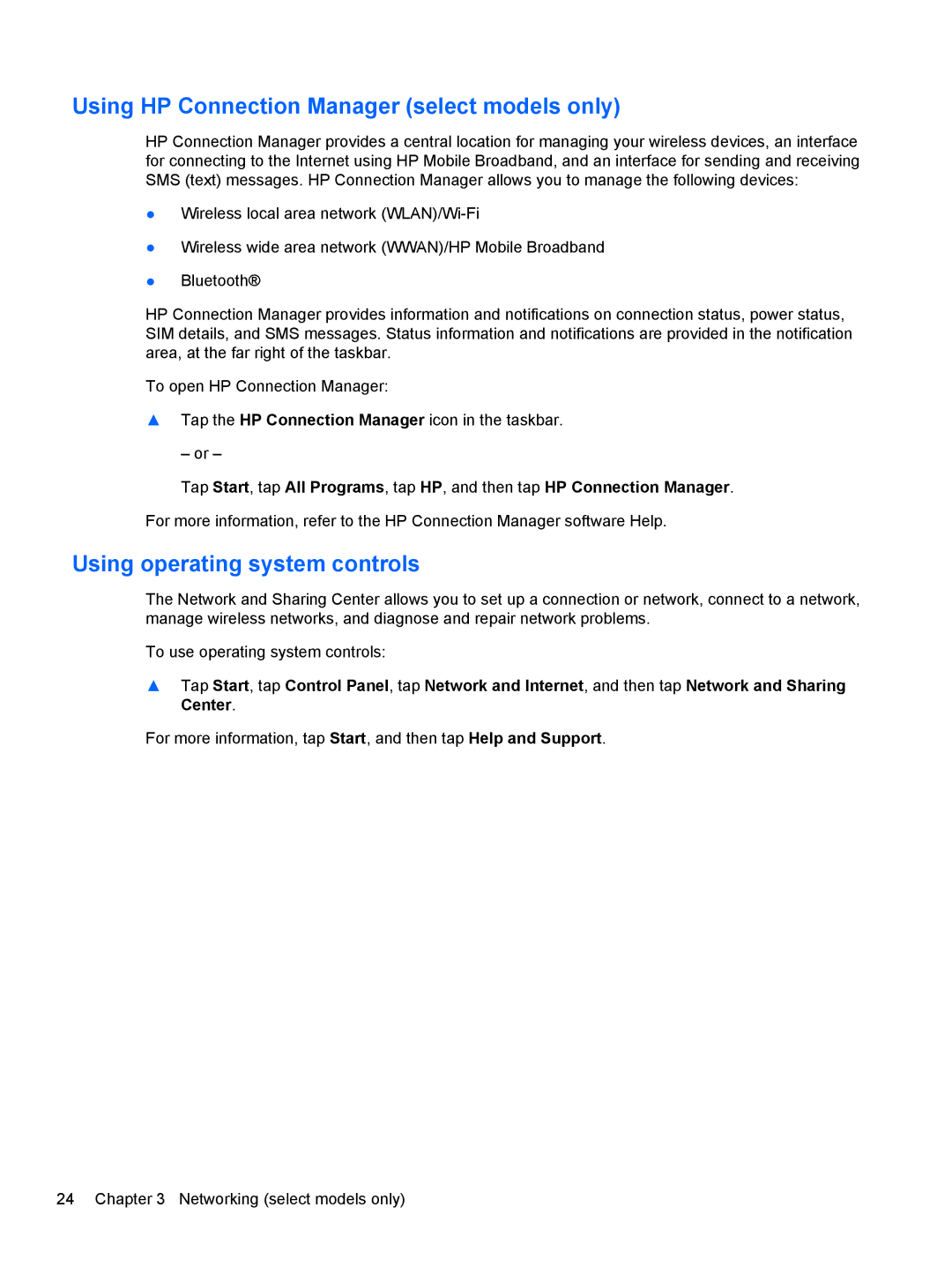 HP 2 Base Model manual Using HP Connection Manager select models only, Using operating system controls 