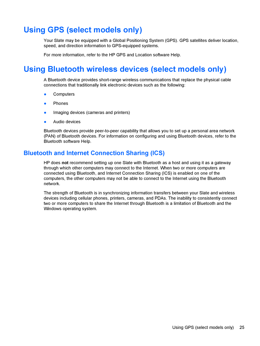 HP 2 Base Model manual Using GPS select models only, Using Bluetooth wireless devices select models only 