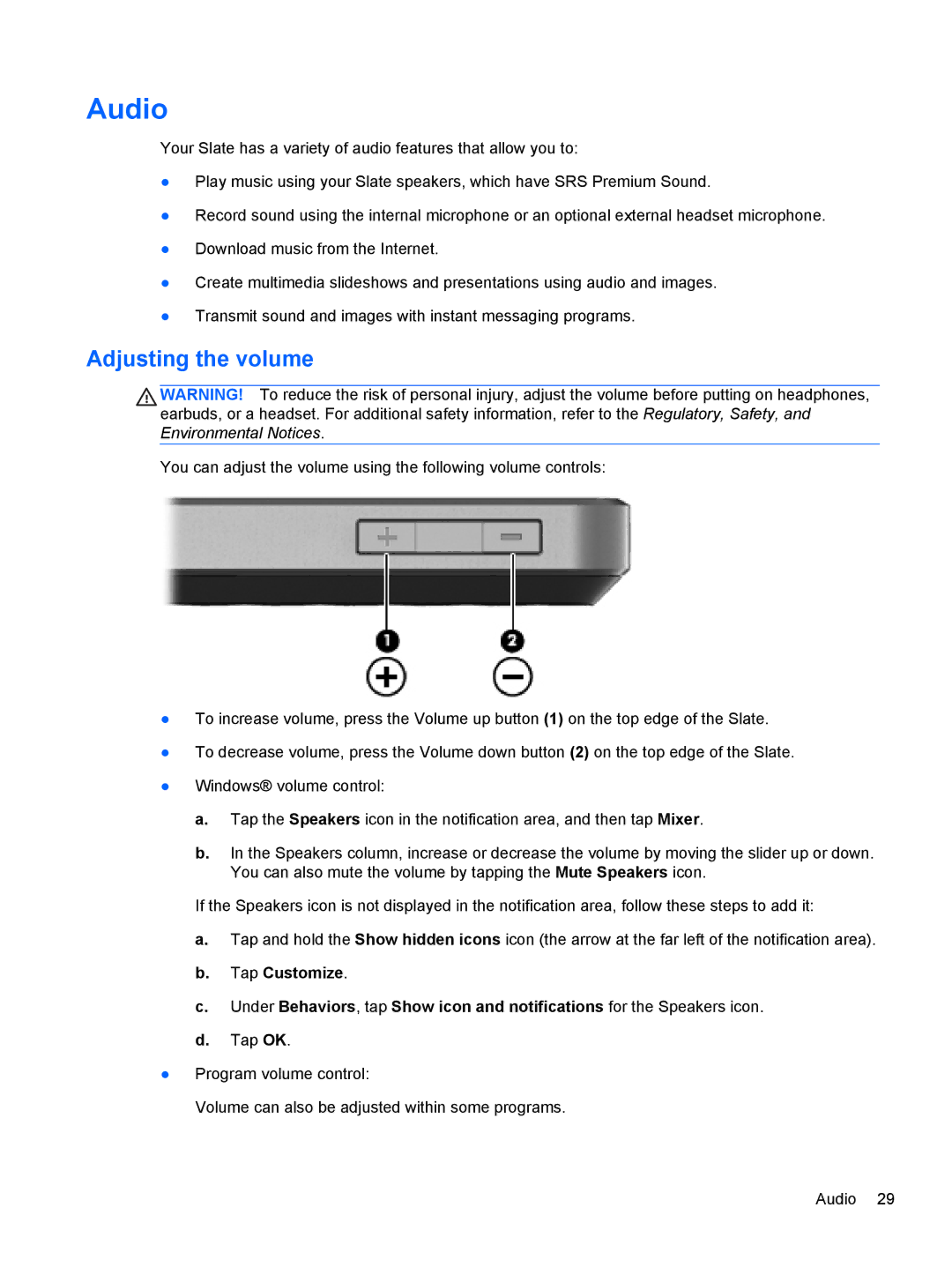 HP 2 Base Model manual Audio, Adjusting the volume 