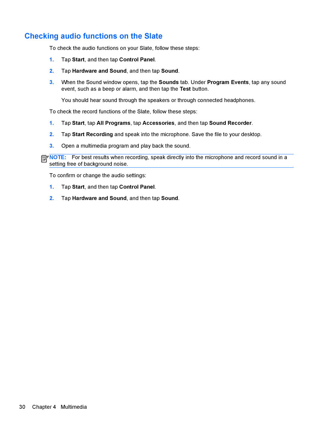 HP 2 Base Model manual Checking audio functions on the Slate, Tap Hardware and Sound, and then tap Sound 