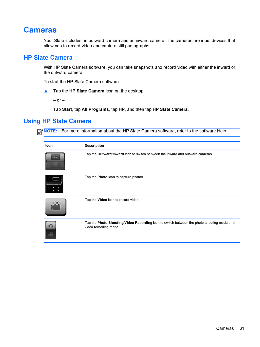 HP 2 Base Model manual Cameras, Using HP Slate Camera, IconDescription 