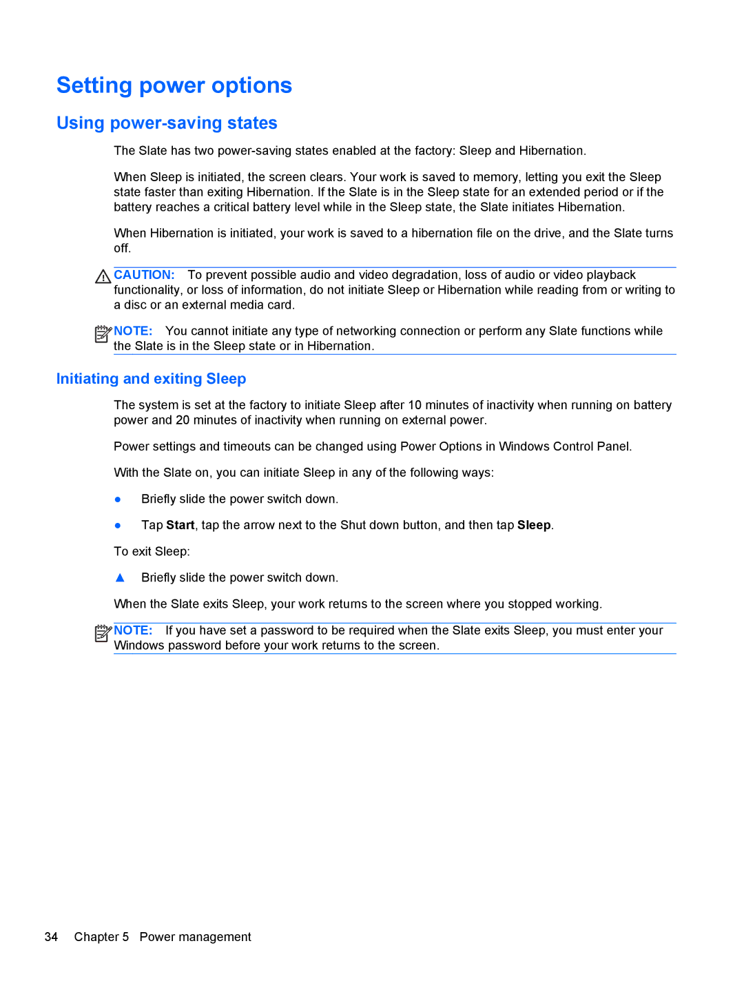 HP 2 Base Model manual Setting power options, Using power-saving states, Initiating and exiting Sleep 