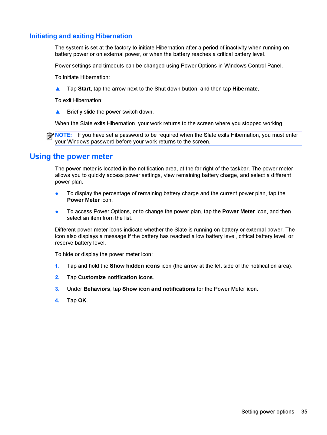 HP 2 Base Model manual Using the power meter, Initiating and exiting Hibernation 