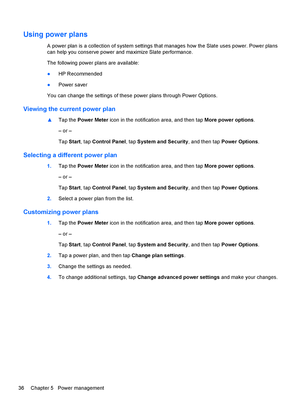 HP 2 Base Model manual Using power plans, Viewing the current power plan, Selecting a different power plan 